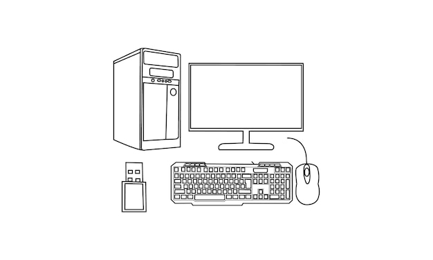 Arte de la línea clásica de las computadoras de escritorio para la ilustración vectorial de tecnología