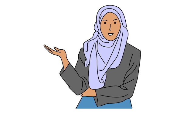 arte de línea color de hijab mujer presentando estilo de mano en una reunión
