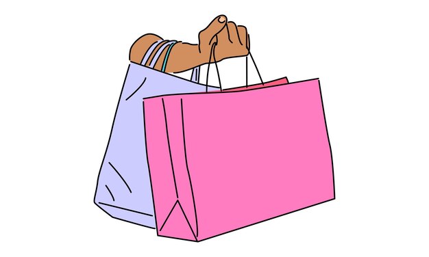 arte de línea color de la mano que sostiene bolsas de compras