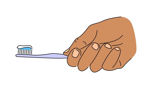 arte de línea color de la mano que sostiene el cepillo de dientes