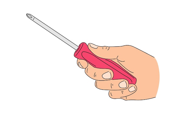 arte de línea color de la mano sosteniendo un destornillador