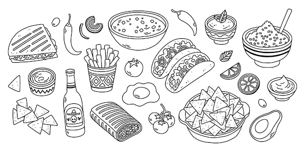 Vector arte de línea de comida mexicana de moda en blanco y negro arte de línea vectorial de dibujos animados dibujados a mano