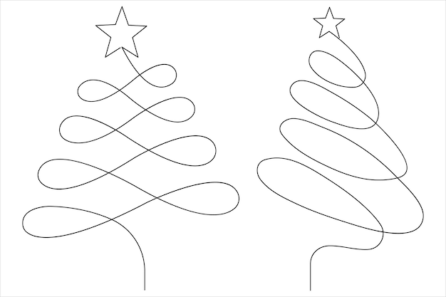 Arte de línea continua de árbol de Navidad con estrella en la planta de pino superior en ilustración vectorial