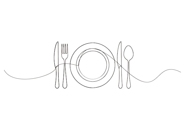 Arte de línea continua de cubiertos y platos Minimalista de comedor e ilustración de vajilla