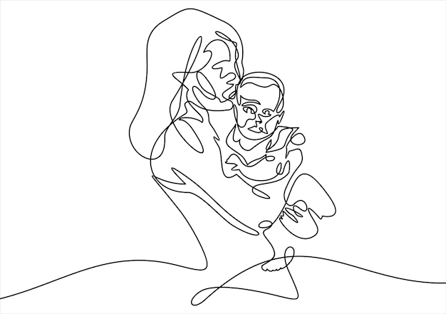 Arte de línea continua familiar abstracto Madre joven abrazando a su bebé