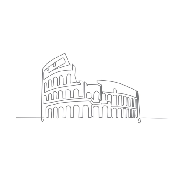 Arte de línea continua del hito del anfiteatro del Coliseo Edificio icónico histórico en Roma Dibujo de una sola línea con trazo activo