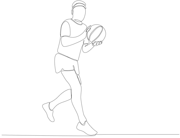 Arte de línea continua de hombre jugando vector de baloncesto premium