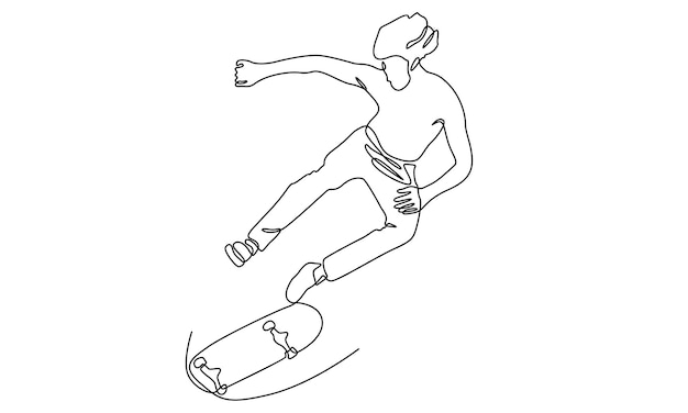 arte de línea continua de un hombre montando patín y realizando un truco de salto