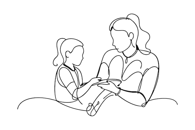 Arte de línea continua Madre enseñando a su hijo en boceto lineal negro aislado sobre fondo blanco