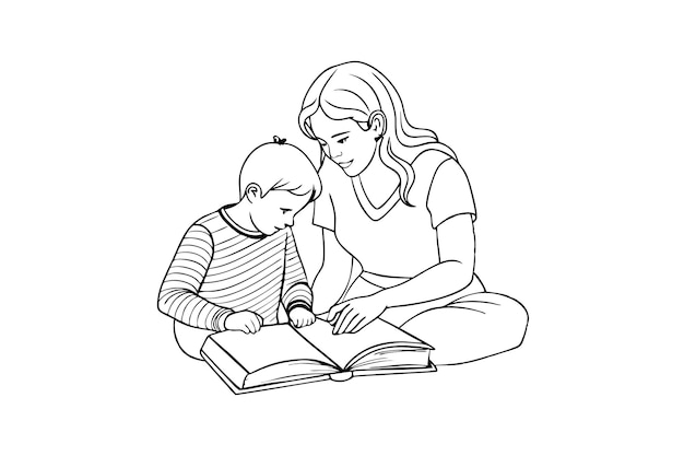 Arte de línea continua Madre enseñando a su hijo en boceto lineal negro aislado sobre fondo blanco