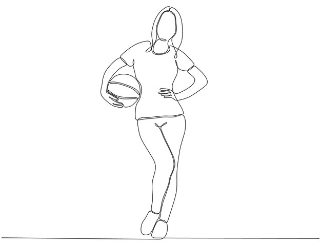 Arte de línea continua de mujer jugando vector de baloncesto premium