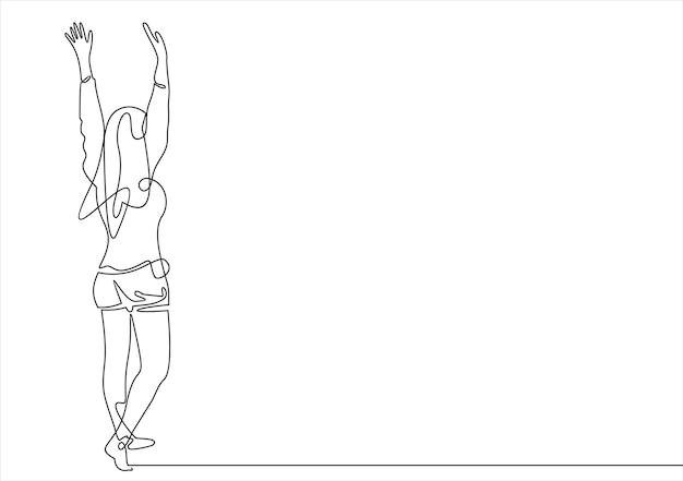 El arte de línea continua o el dibujo de una línea de una mujer que estira los brazos es un vector de imagen relajante