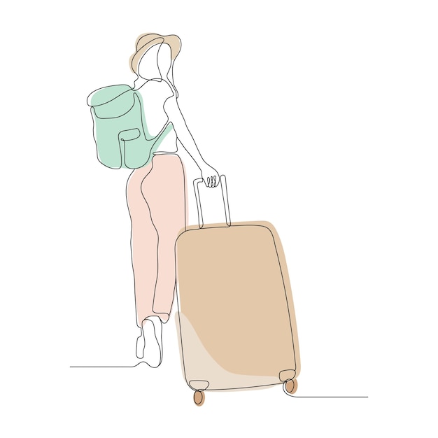 Arte de línea continua o dibujo de una línea de una mujer de viaje con una maleta.