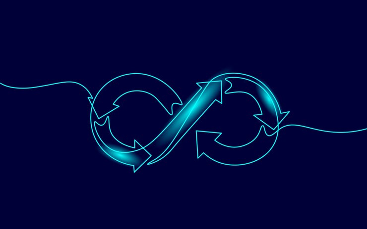 Vector arte de línea continua única devops concepto ágil. gestión de proyectos de programación de flujo de trabajo de equipo de símbolo infinito. diseñe un arte del ejemplo del vector del dibujo de neón del bosquejo de un trazo.