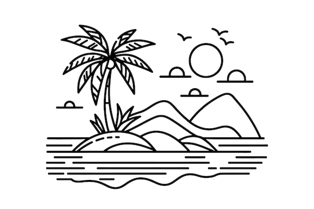 Arte de línea continua única de la isla con palma Diseño de paisaje de la isla desértica tropical Dibujo de ilustración vectorial