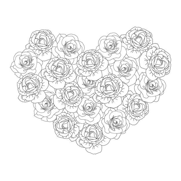 Arte de línea corazón de flor de camelia de primavera fondo elementos florales dibujados a mano para el día de San Valentín ilustraciones vectoriales para tarjetas o invitaciones libro de colorear