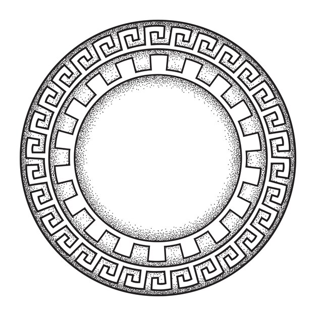 Arte de línea dibujada a mano de meandro de estilo griego antiguo y ilustración de vector de diseño de marco redondo de trabajo de punto