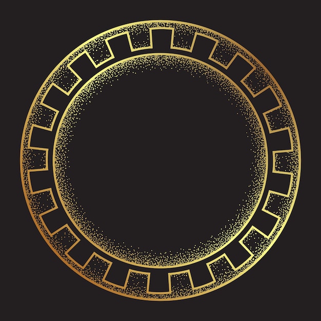 Arte de línea dibujada a mano de meandro de oro de estilo griego antiguo y ilustración de vector de diseño de marco redondo de trabajo de punto