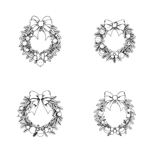 Arte de línea dibujado a mano corona de abeto de Navidad con arco de cinta grande y decoraciones de juguete ilustración vectorial