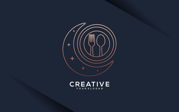arte de línea de diseño de logotipo de luna moderna vectorial con plato cuchara y tenedor