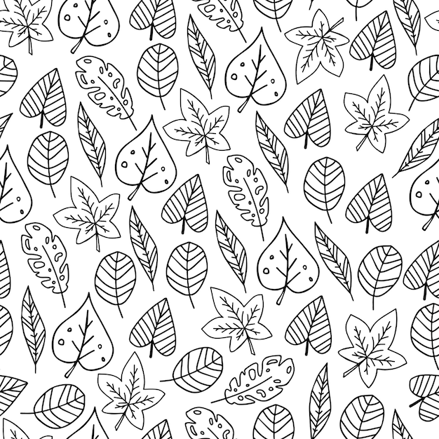 El arte de línea de doodle de otoño deja un patrón sin costuras en blanco y negro