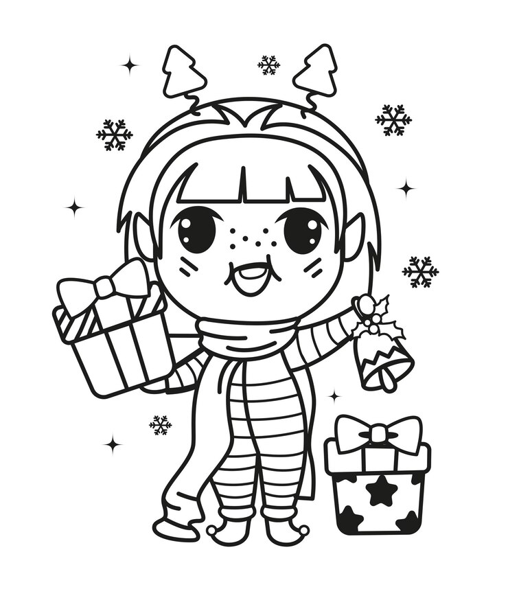 Vector arte de línea elfo de navidad con regalos página para colorear personajes de navidad de dibujos animados kawaii