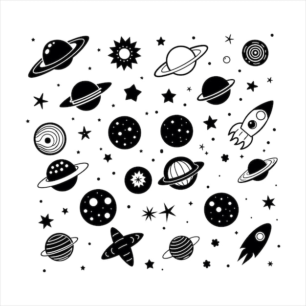 arte de línea de espacio exterior y colección de pegatinas