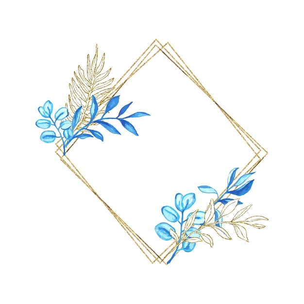 Arte de línea de eucalipto brillo dorado y acuarela azul hojas marco de geometría para tarjeta