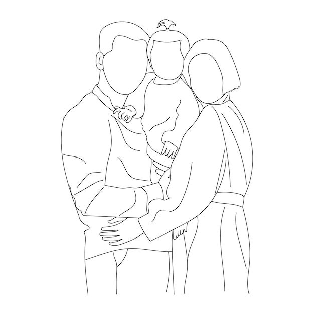 Arte de la Línea Familiar Feliz Mamá Papá e Hijo dibujando una ilustración