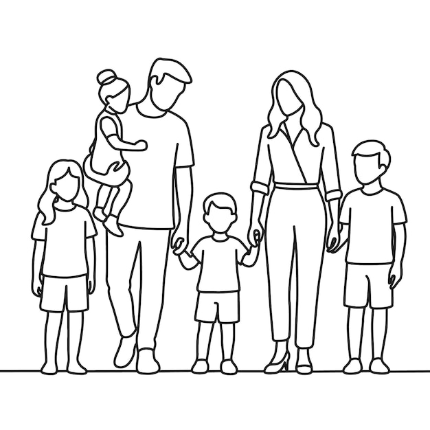Arte de la línea familiar Ilustración minimalista Dibujo de padres e hijos de pie juntos