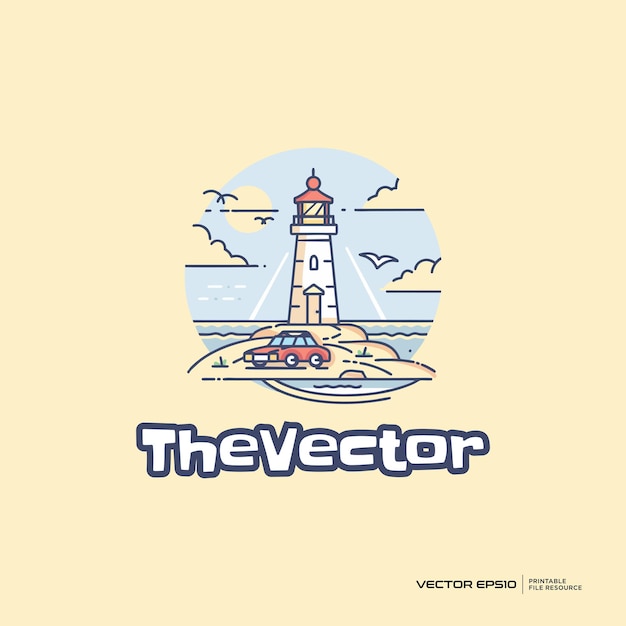 El arte de línea de faro, el logotipo vectorial, el personaje, la ilustración de dibujos animados eps10