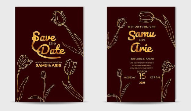 Arte de línea flor dorada invitación de boda contemporánea mediados de siglo