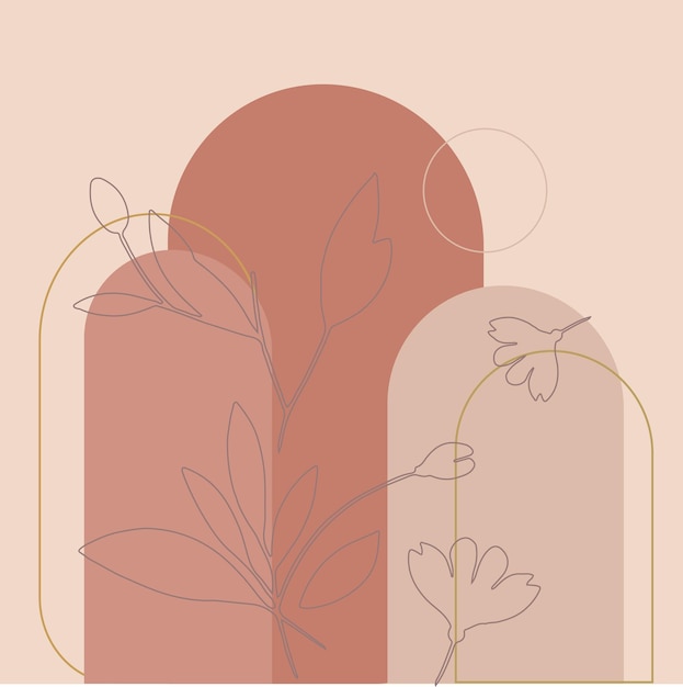 Arte de línea floral minimalista con tonos terrenales inspirados en las tendencias de diseño de la década de 1960 y la estética moderna
