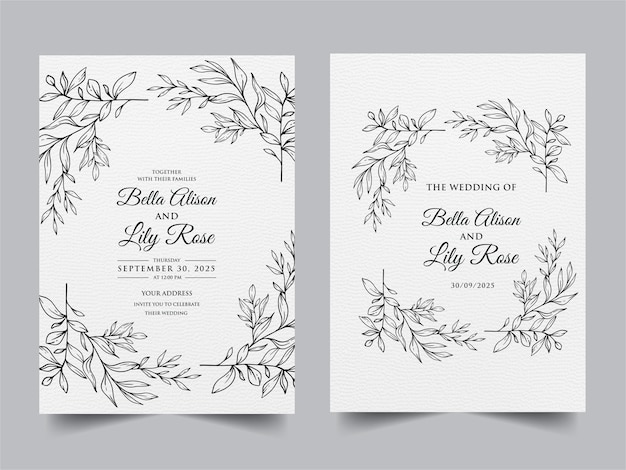 Arte de línea Flores de primavera Invitación de boda plantilla de esquema Flores Diseño de boda mínimo