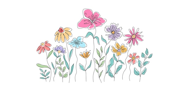 Arte de línea de flores silvestres dibujado a mano Vector de campo de flores silventosas