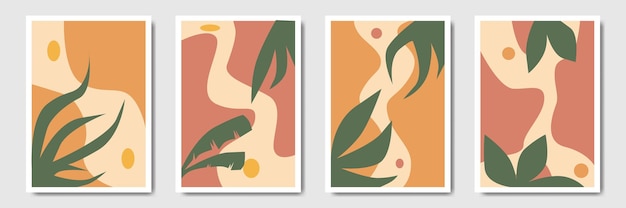 Arte de línea de follaje botánico tropical minimalista dibujo hoja abstracta con estilo bohemio