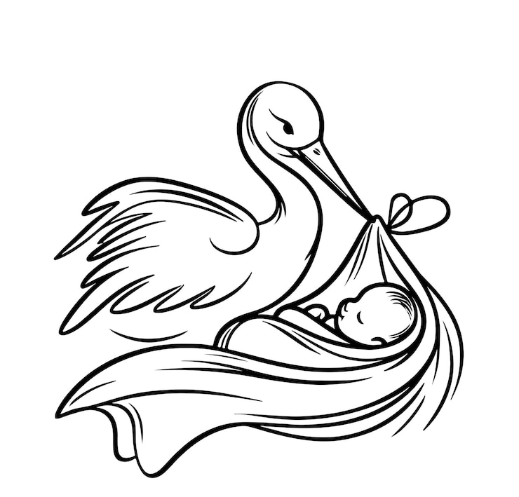 Arte de la línea de Frawing doodle cigüeña pájaro de cumpleaños bebé nacimiento de niño