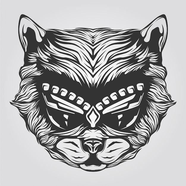 Vector arte de línea de gato blanco y negro para tatuaje o libro para colorear