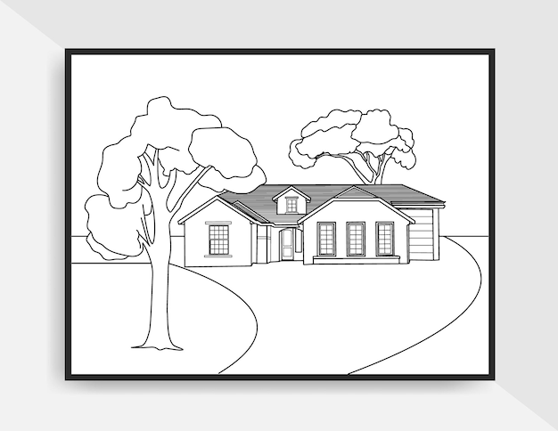 Vector arte de línea de ilustración de estilo decorativo dibujado a mano del paisaje de la casa o cartel para colorear página