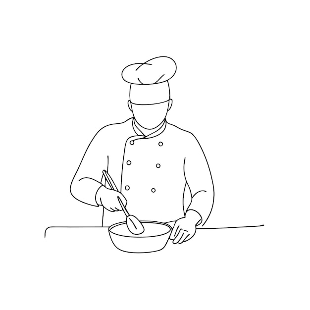 Arte de línea imprimible del chef preparando comida para el libro de colorear