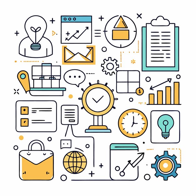 Arte de línea de una infografía con símbolos comerciales como un gráfico de engranajes de reloj de bombilla y una pantalla de computadora