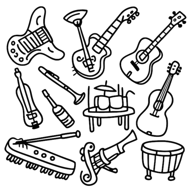 Arte de línea de instrumentos musicales dibujados a mano