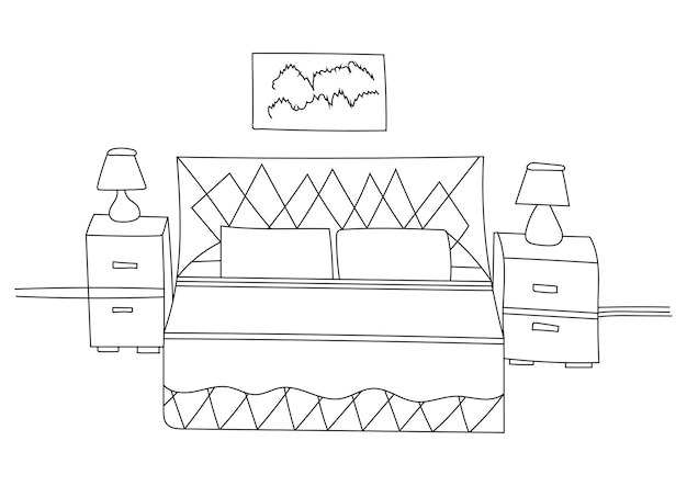 Arte de línea interior de sala de estar, ilustración de diseño de boceto de esquema con muebles sobre fondo blanco