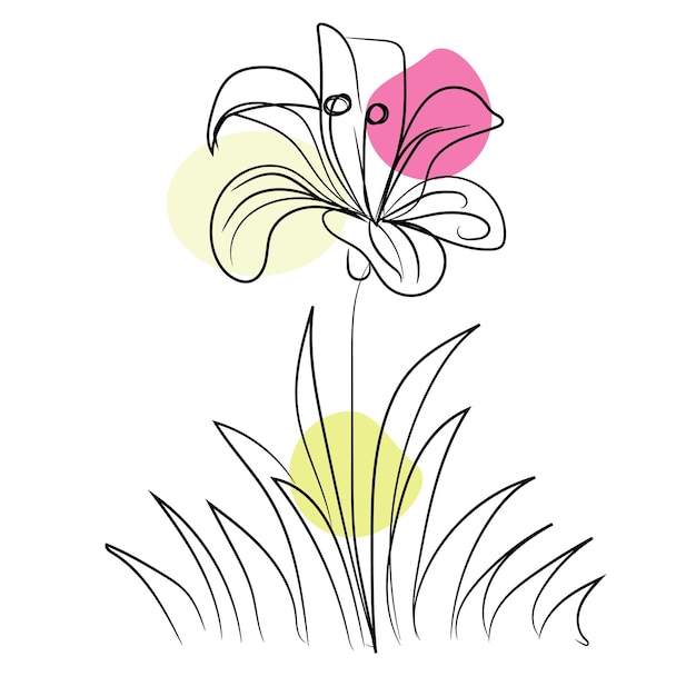 Arte de línea de lirio minimalista con acentos de hierba y colores abstractos