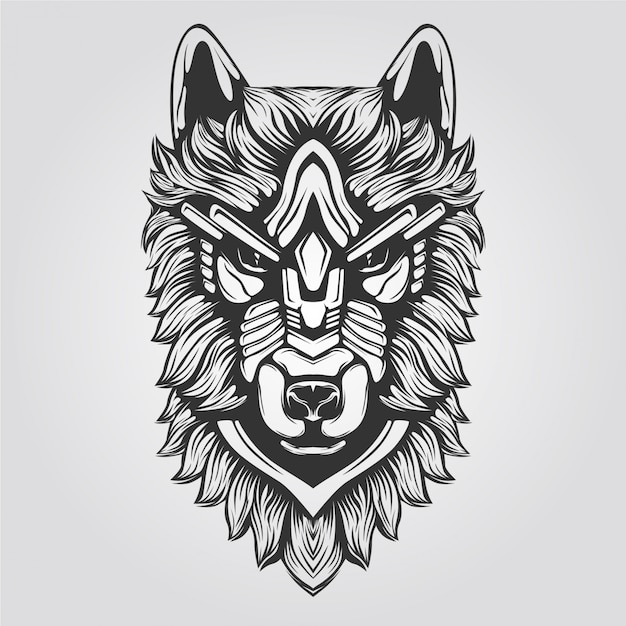 arte de línea de lobo decorativo blanco y negro