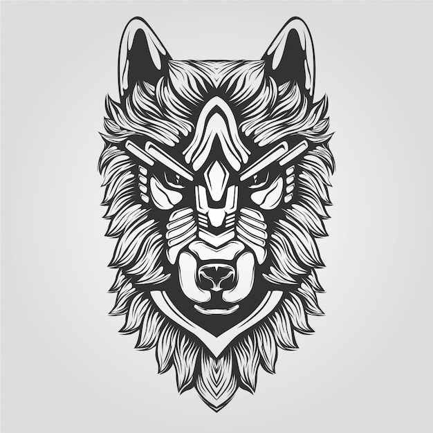 Arte de línea de lobo decorativo blanco y negro