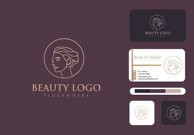 Arte de línea de logotipo de mujer de belleza y tarjeta de visita