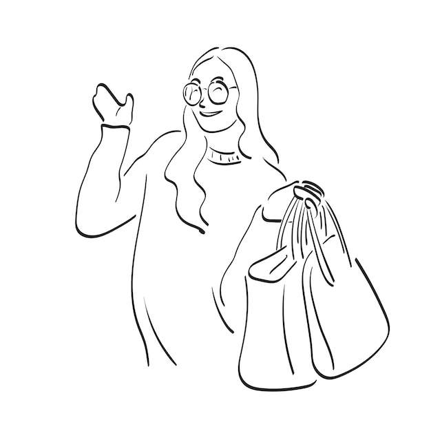 arte de línea de longitud completa de dos mujeres con bolsas de compras ilustración vectorial dibujada a mano aislada