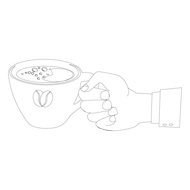 Arte de línea de mano sosteniendo una taza de plástico de bebida de café Taza de café en la mano Vector de línea minimalista
