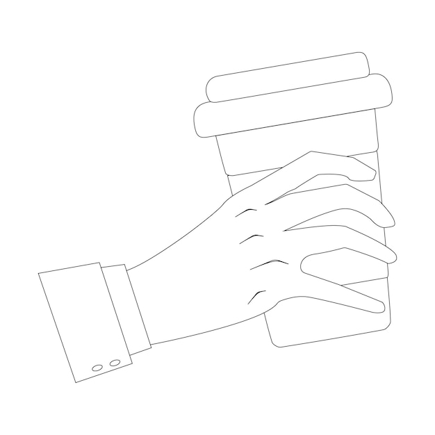 Arte de línea de mano sosteniendo una taza de plástico de bebida de café Taza de café en la mano Vector de línea minimalista